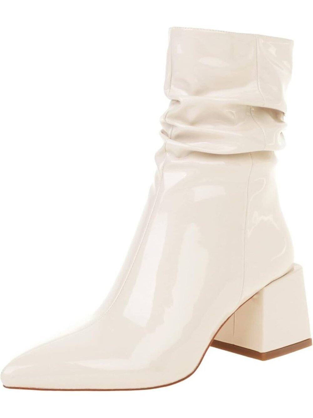 Women's White Leather Mid Calf Boots Chunky Block Heel Pointed Toe Ankle Boot